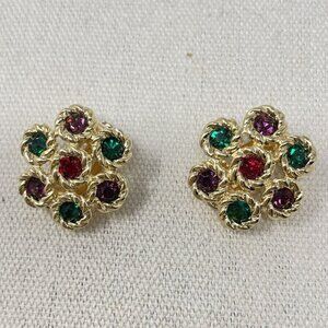Vintage Swarovski Gold Tone Clip-On Earrings Red Green Crystals Classic Elegant‎